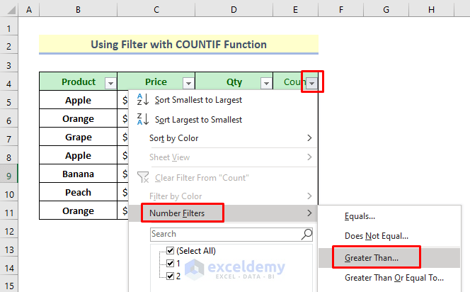 Use Filter with COUNTIF Function to Find Duplicates in Column and Delete Row