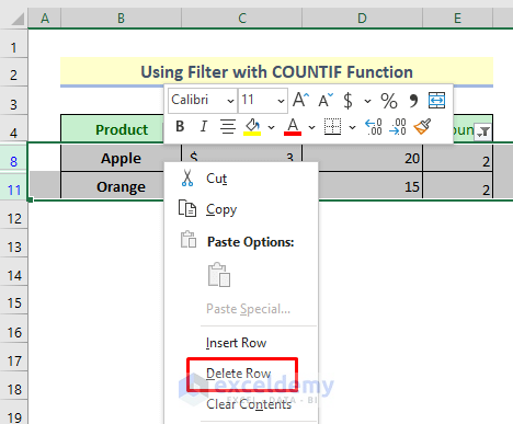 Use Filter with COUNTIF Function to Find Duplicates in Column and Delete Row