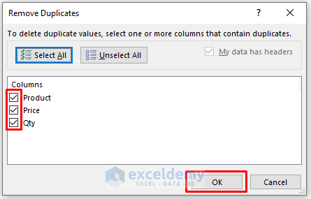 Use Data Command to Duplicates and Delete Row