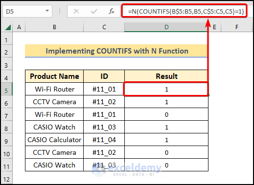 excel find first occurrence of a value in a range using COUNTIFS with N Function