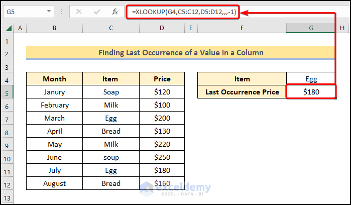 excel find last occurrence of a value in a range with XLOOKUP function