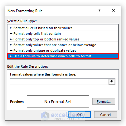 New Formatting Rule Box to Create Excel Formula to Color a Cell If the Value Follows a Condition