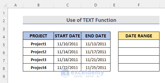 Insert TEXT Function to Add Date Range in Excel