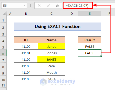 EXACT Function to Find Case Sensitive Match in Excel