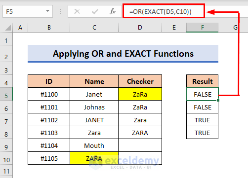 Apply Nested OR and EXACT Function to Find Case Sensitive Match in Excel