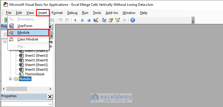 Inserting Module to Merge Cells Vertically Without Losing Data in Excel