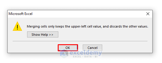 Warning Box to Merge Cells Vertically Without Losing Data in Excel