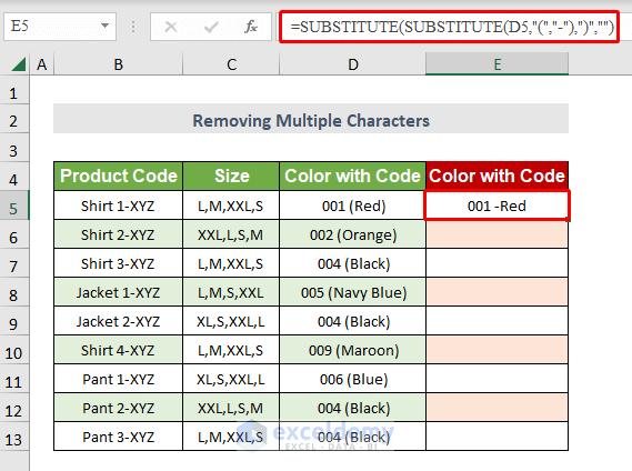 Output removing multiple characters using the SUBSTITUTE formula