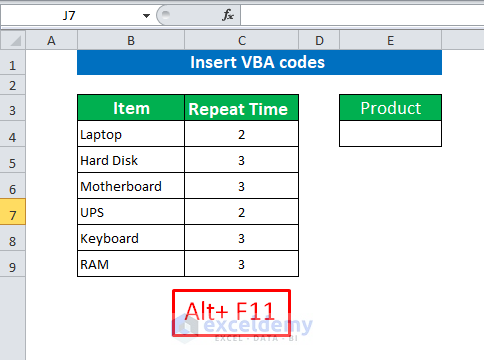 Insert VBA codes to Repeat Rows a Specified Number of Times in Excel
