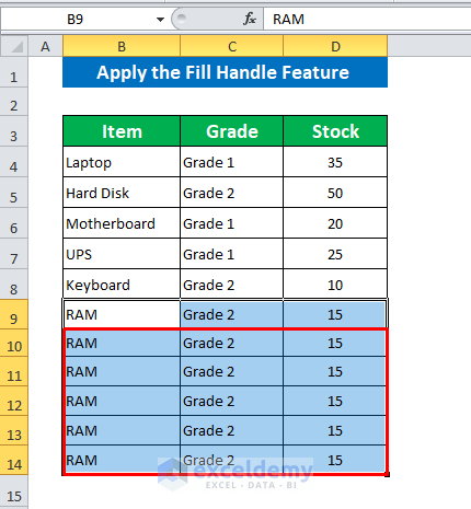 Apply the Fill Handle Feature to Repeat Rows a Specified Number of Times in Excel 