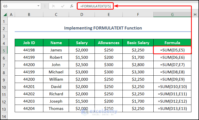 Excel show formula as text in another cell with FORMULATEXT Function