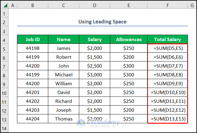 Excel show formula as text in another cell using Leading Space