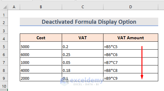 Deactivated ‘Formula Display’ Option for Showing Formula Instead of Result