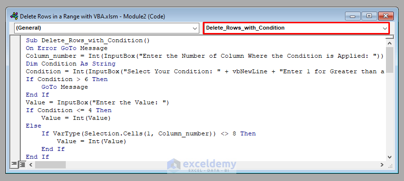 VBA Code to Delete Rows in a Range with Condition with VBA in Excel
