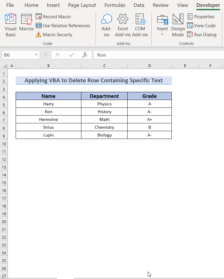 Overview GIF to Delete Entire Row Based on Cell Value in Excel VBA