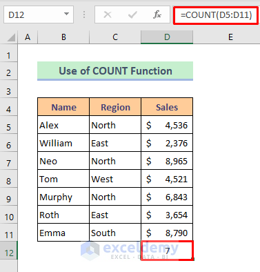 Method 2: InsertUse COUNT Function to Count Number of Cells in a Range in Excel