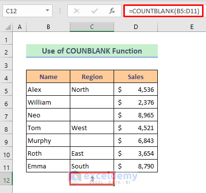 Method 3: Enter COUNTBLANK Function to Count Number of Blank Cells in a Rang