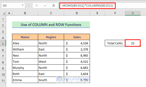 Method 5: Combine COLUMNS and ROWS Functions to Count Total Cells in a Range