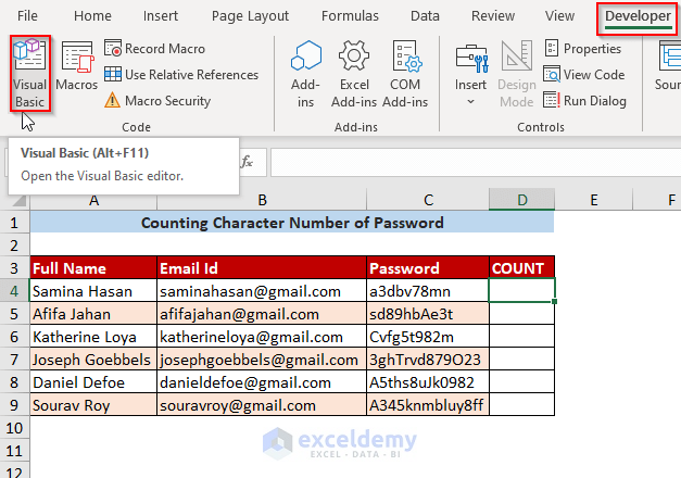 vba code to count character