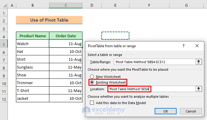 Specify your pivot table range
