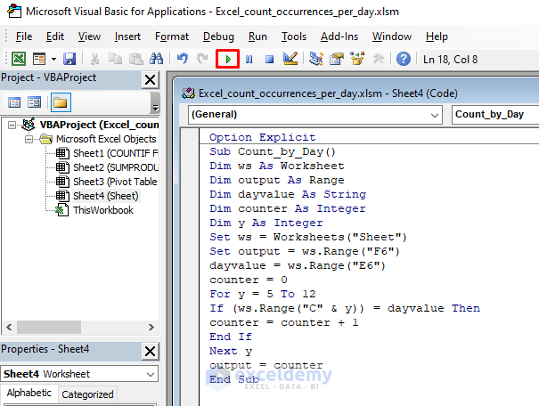 Custom Code entered in the VBA code editor 