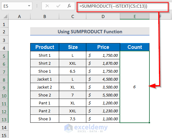 Excel count rows with texts