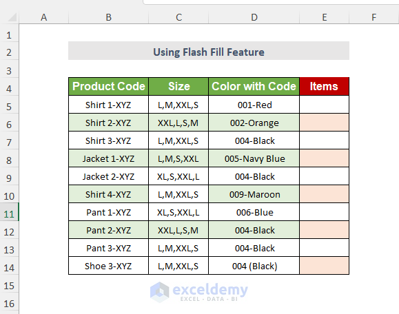 Sample dataset to remove characters using the flash fill feature
