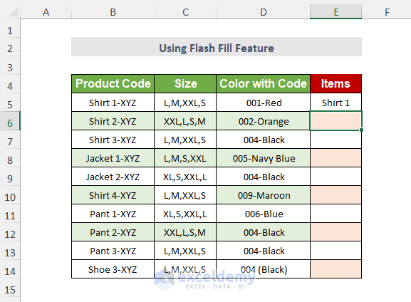 Choosing cells to perform flash fill option