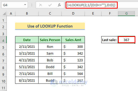 Method 1: Use LOOKUP Function to Find Last Value in Column