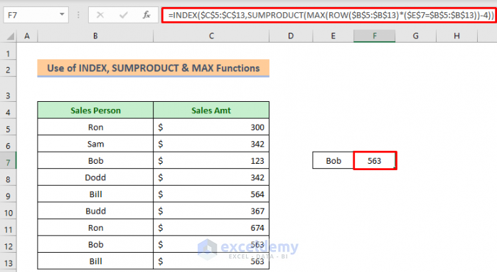 Method 3: Combination of INDEX, MAX, SUMPRODUCT And ROW Functions to Find Last Value in Column