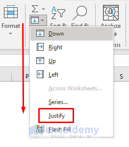 Apply Excel Fill Justify Command to Unify Rows into One Cell