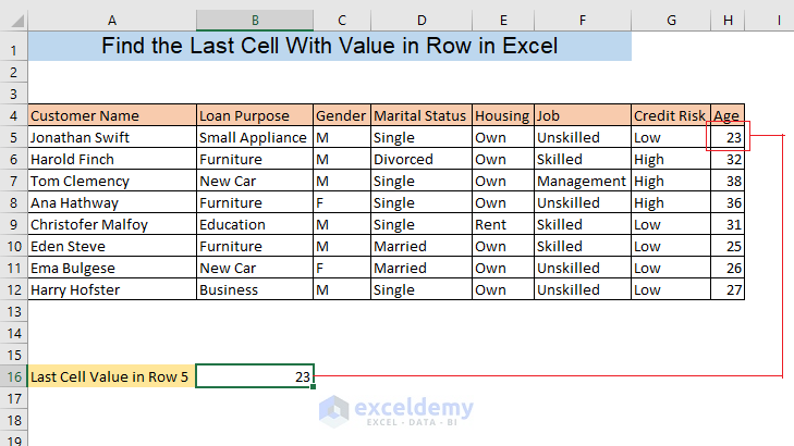 Find the last cell with value