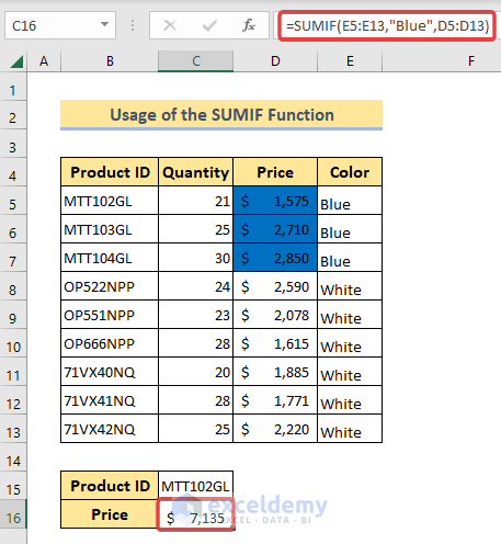 Formula of SUMIF to sum colored cells