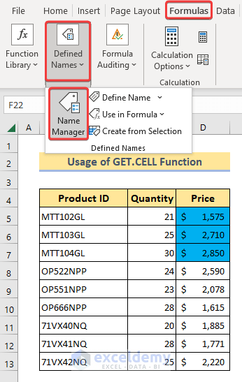 Selection of Name Manager Feature from Formulas option