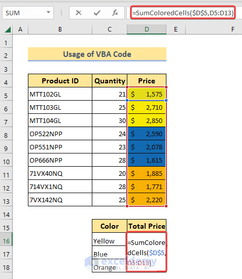 Formula of summing colored cells defined in VBA macro
