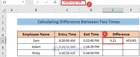 Formula to Calculate Time Difference Between Two Times in Hours in Excel