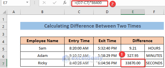 Formula to Calculate Time Difference Between Two Times in Seconds in Excel