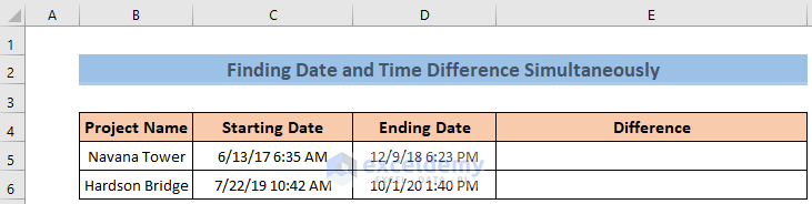 Sample Dataset to Calculate Time Difference Between Two Dates and Times in Excel