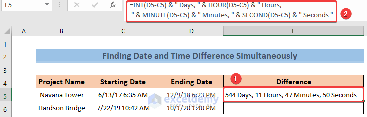 Formula to Calculate Time Difference Between Two Dates and Times in Excel