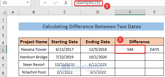 DAYS function to Calculate Time Difference Between Two Dates in Excel