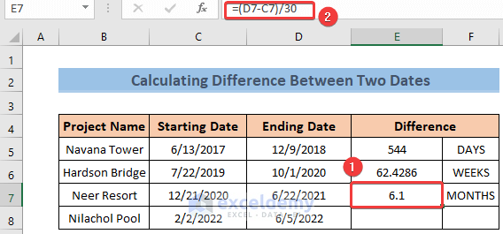 Subtraction Feature to Calculate Time Difference Between Two Dates in Months in Excel