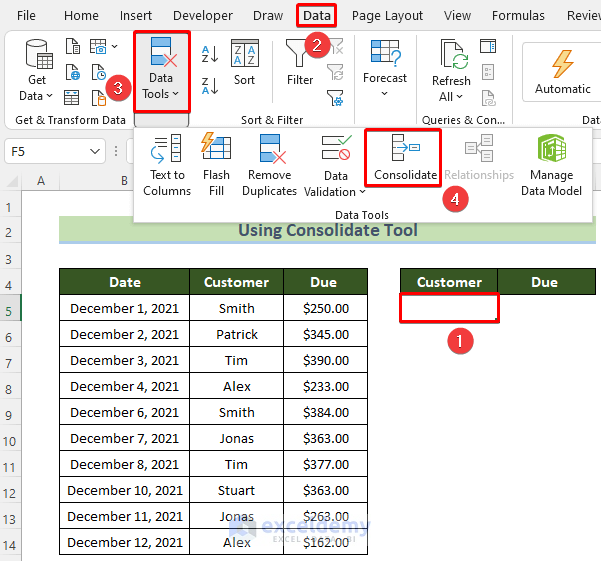 Using Consolidate Tool to Combine Duplicate Rows and Sum the Values in Excel