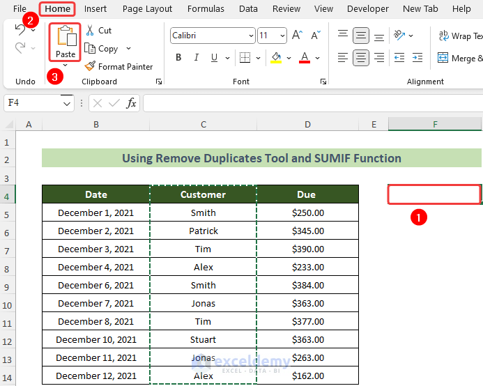 Paste Customer Column to Combine Duplicate Rows and Sum the Values in Excel