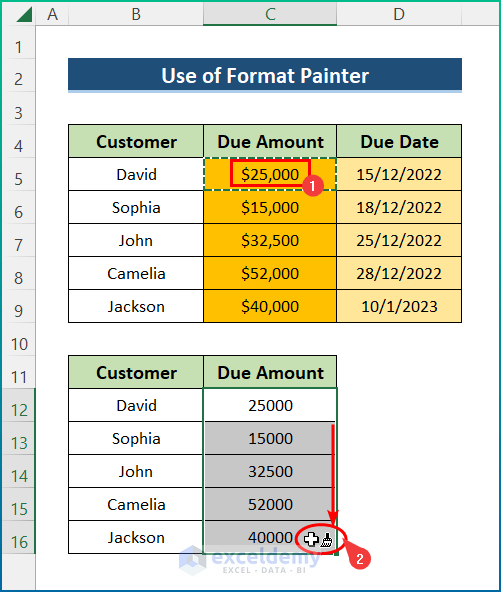 Copy Formatting with Format Painter for Multiple cells in Excel