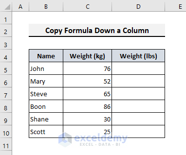 Copy a Formula Down a Column in Excel