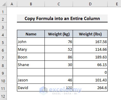 Final Result: Fill a Formula to the Entire Column in Excel