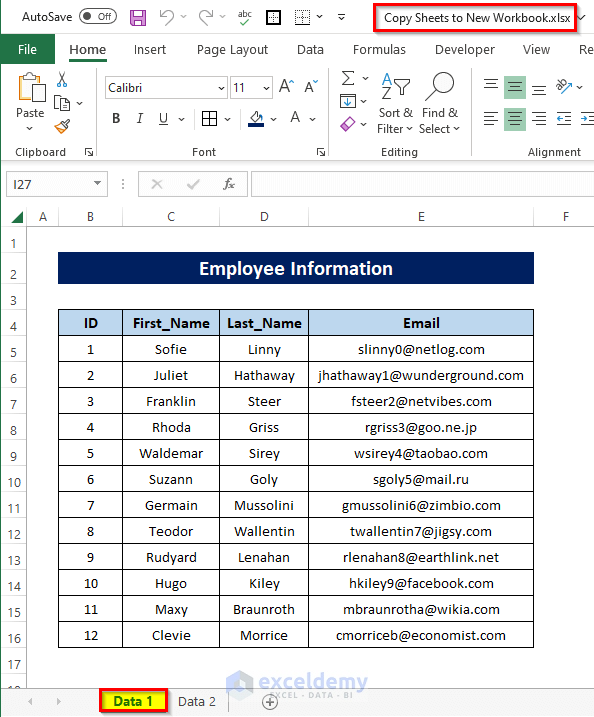 First Dataset to Copy Multiple Sheets in Excel to New Workbook