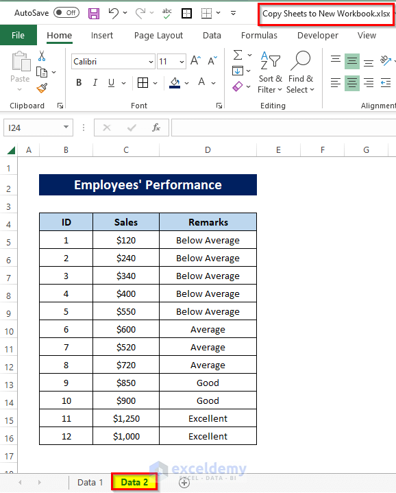 Second Dataset to Copy Multiple Sheets in Excel to New Workbook