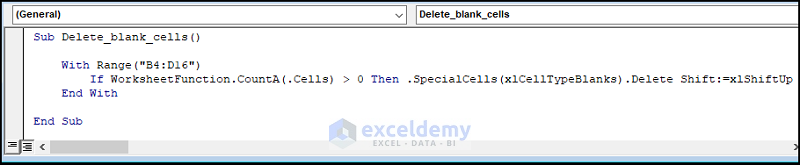 VBA code for how to delete blank cells in excel and shift data up