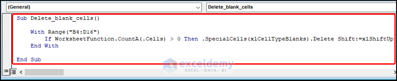 Code explanation how to delete blank cells in excel and shift data up